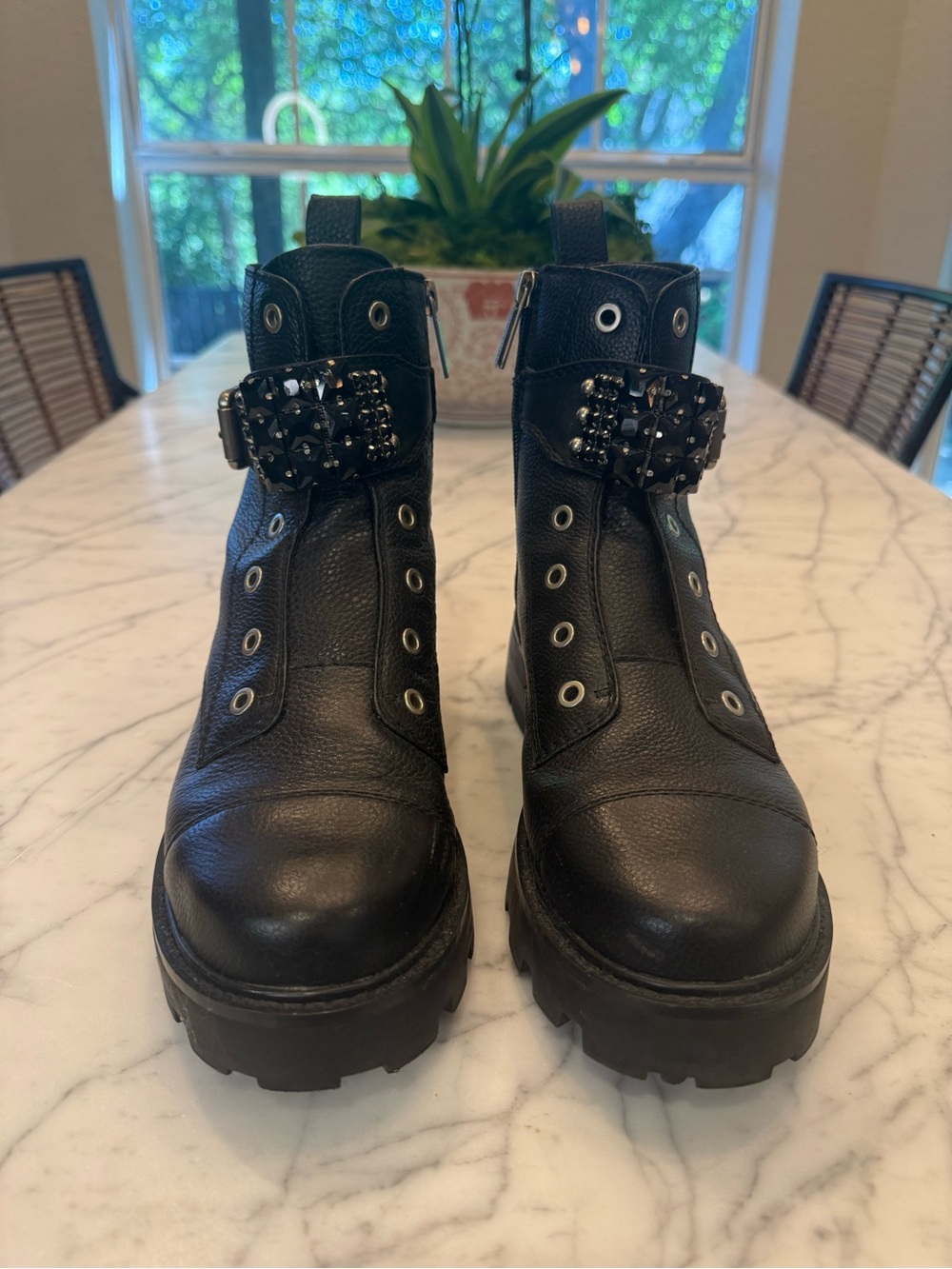 Karl Lagerfeld Black Leather Chunky Combat Ankle Boots with Jeweled Buckle